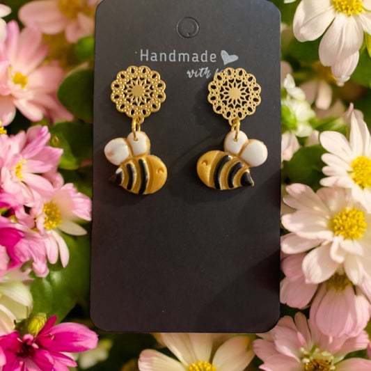 Handmade Bee Charm Polymer Clay Earrings – Unique Nature-Inspired Jewelry