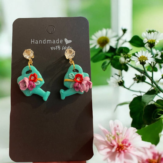 Handmade Flower Delight Watering Can Clay Earrings