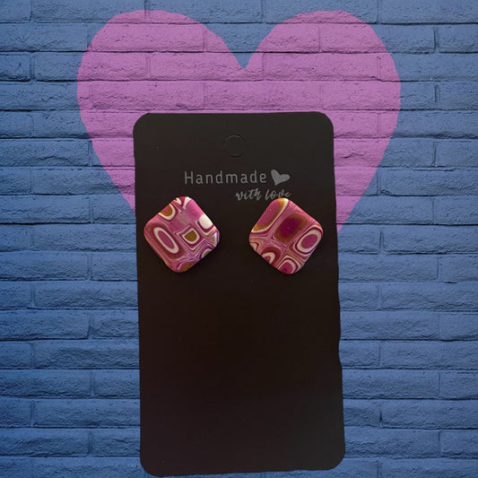 Geometric Fuchsia Charm: Handmade Polymer Clay Square Stud Earrings